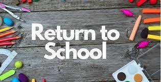 Return to School sign on wood with art supplies.